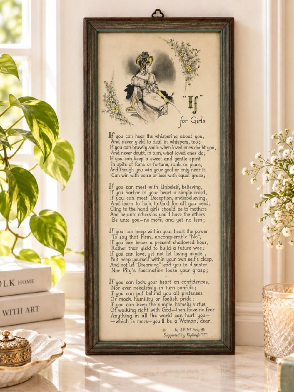 1920s Antique If For Girls Poem Framed Buzza Company 10.5" x 5.5" Floral Design